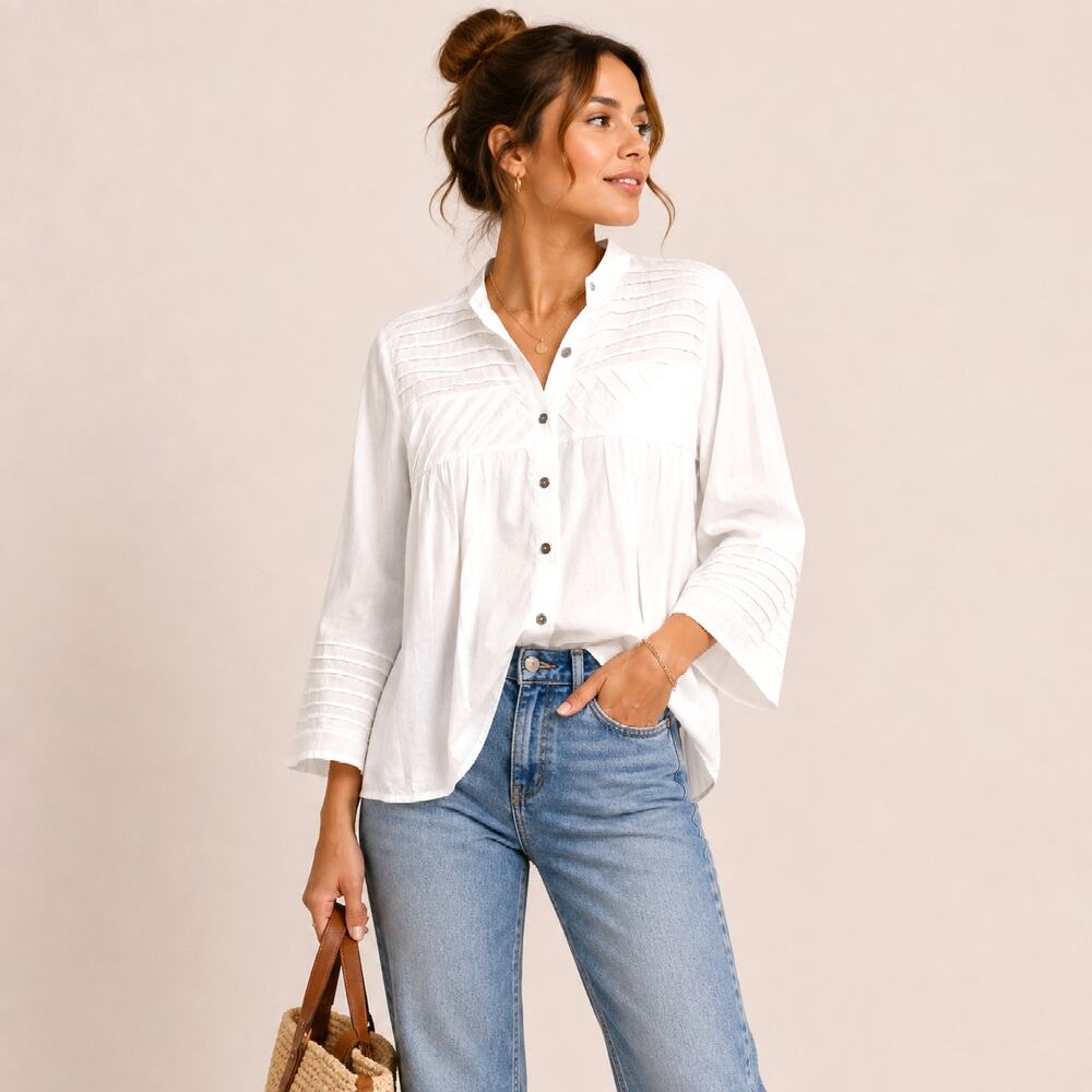 Denim & Company Button-Up Blouse Women's Size 2X NWOT White Office Minimalist